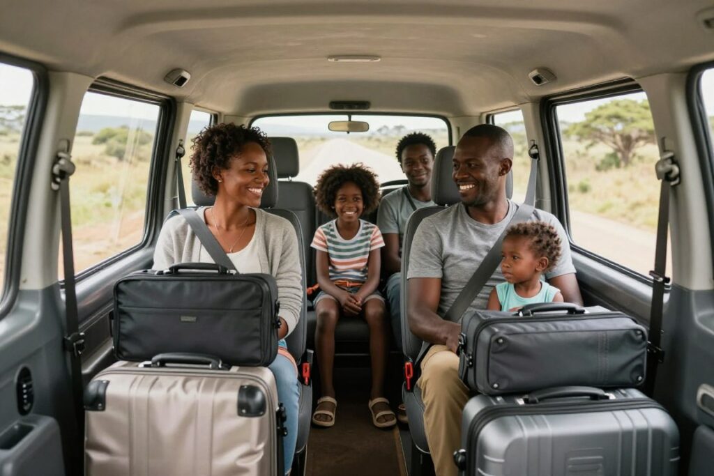 family traveling from airport to Moshi