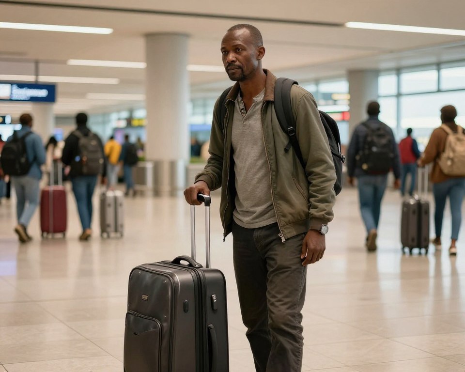 traveler collecting luggage at airport